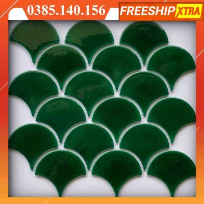 Gạch mosaic hình vảy cá màu xanh lá cây men bóng đơn sắc VINVC006