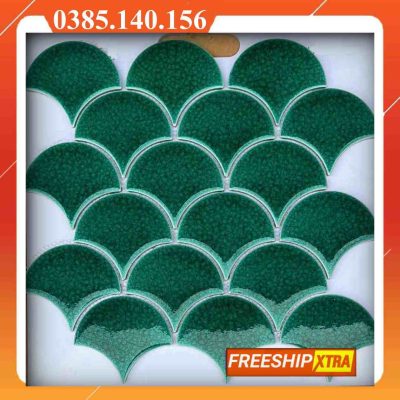 Gạch mosaic hình vảy cá màu xanh lá cây men rạn VINVC007